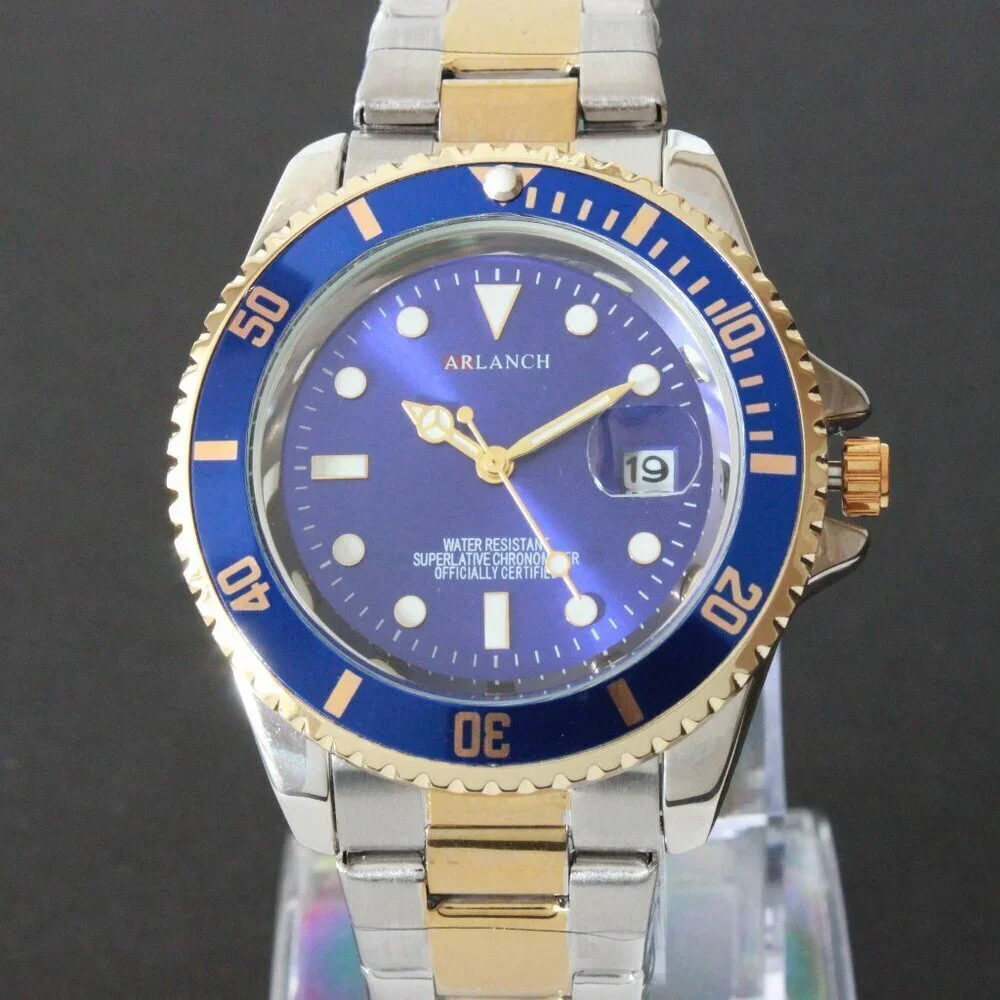 Men's Diver Style Watch Blue Bezel Silver Gold Tone 40mm